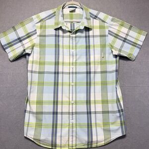 Columbia Mens Plaid Short Sleeve Button Down Shirt Blue Green Cotton XL